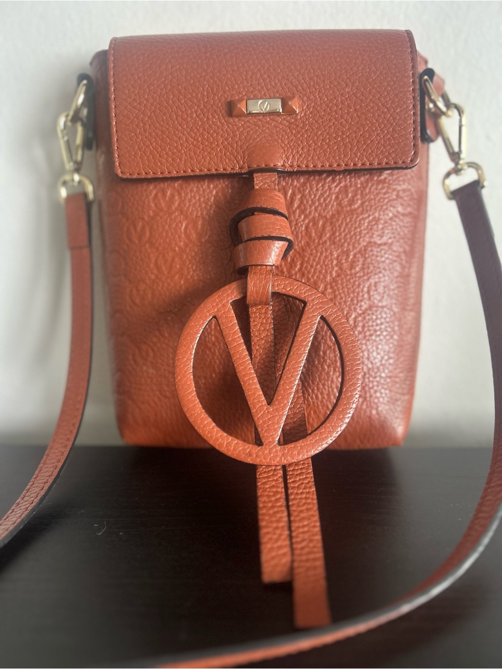 Valentino By Mario Valentino Cognac Leather Crossbody Phone Bag with Logo Charm